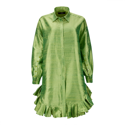 Silk Shirt Dress with Asymmetrical Ruffles