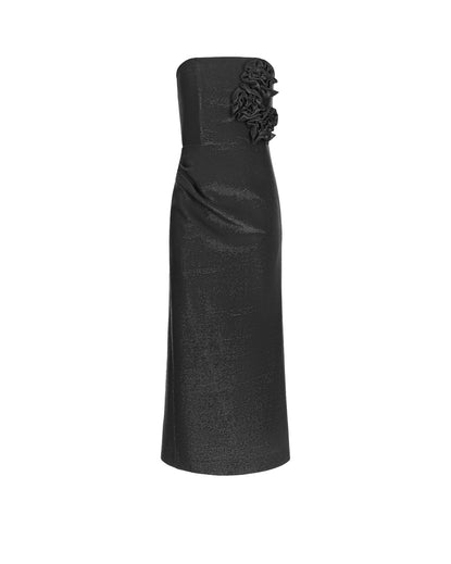 A shiny bandeau dress with flowers, in black color, made from lurex fabric with a straight neckline and no visible sleeves.