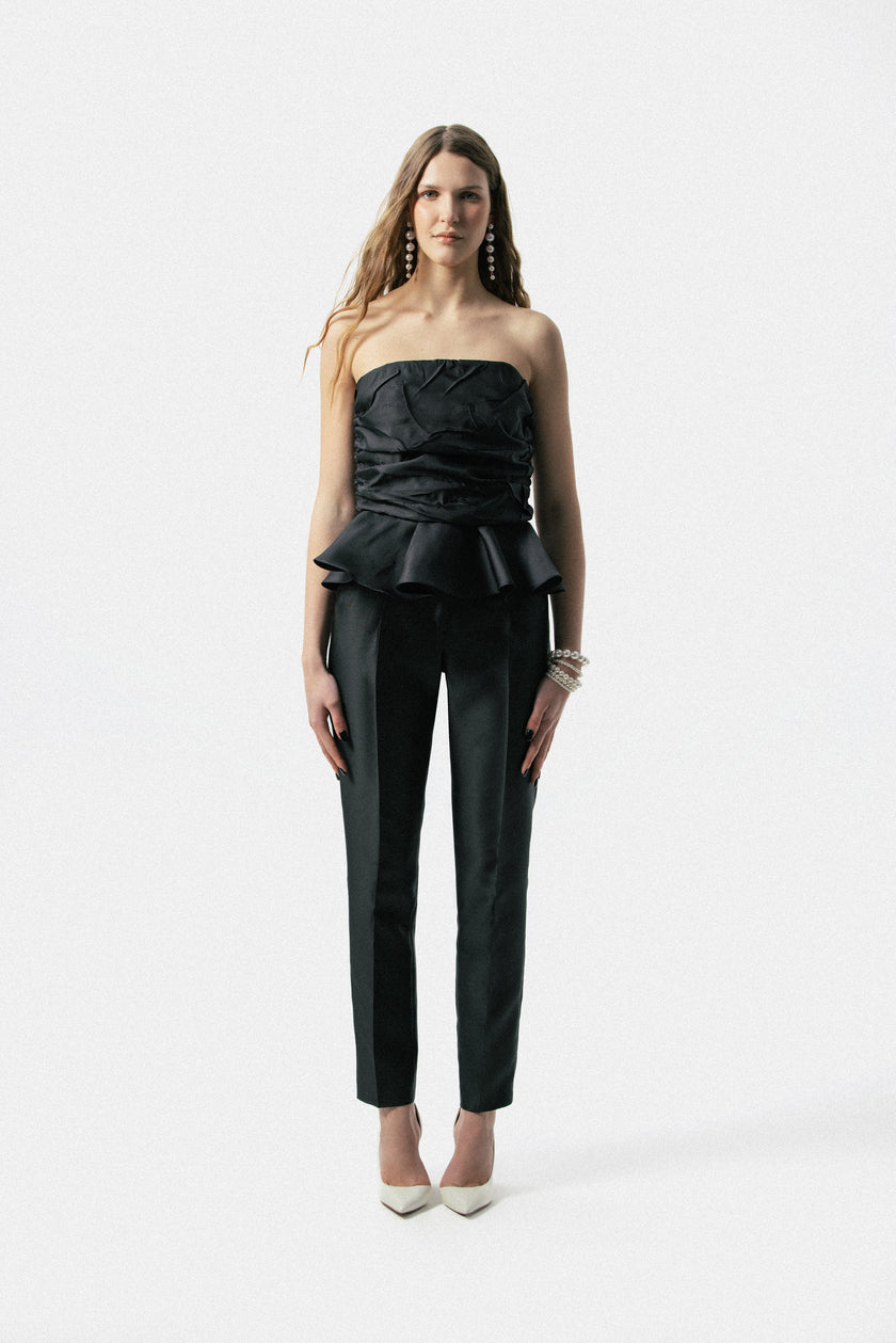 Bandeau Satin Top with Evasé Ruffle