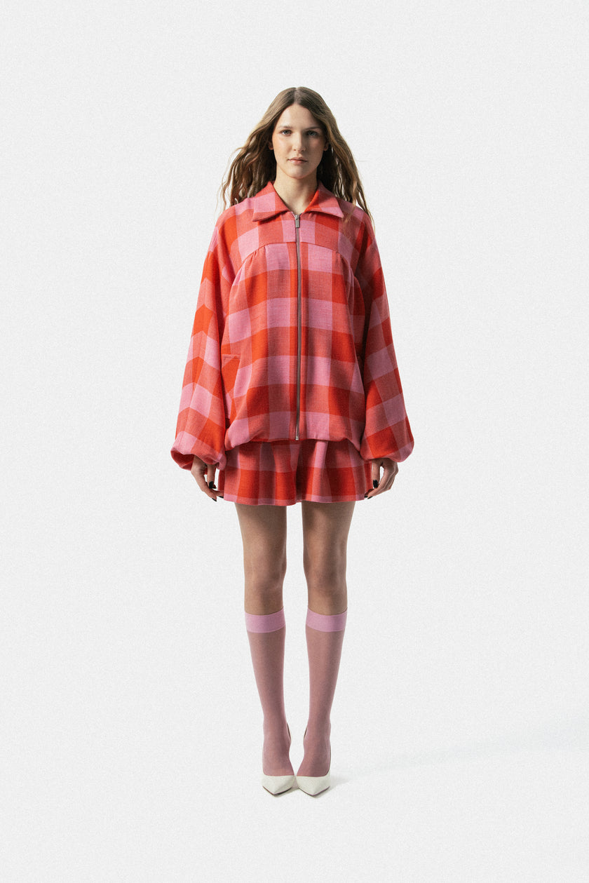 Plaid Handmade Flower Bomber Jacket