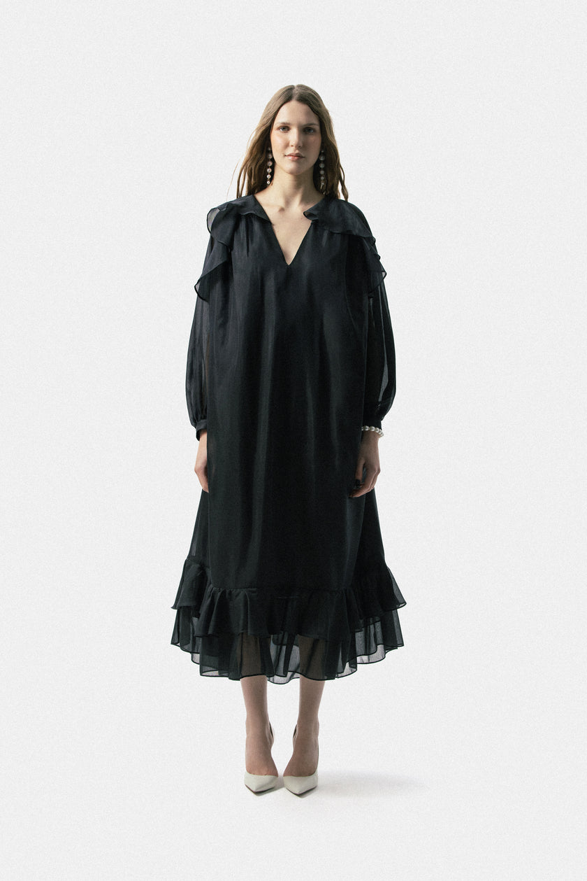 Ruffled V-Neck Long Dress