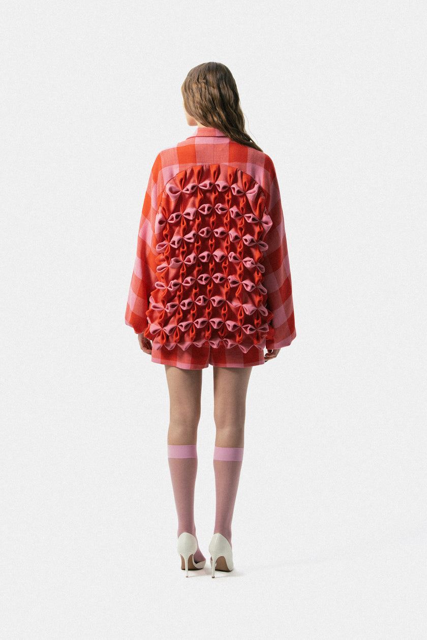 Plaid Handmade Flower Bomber Jacket