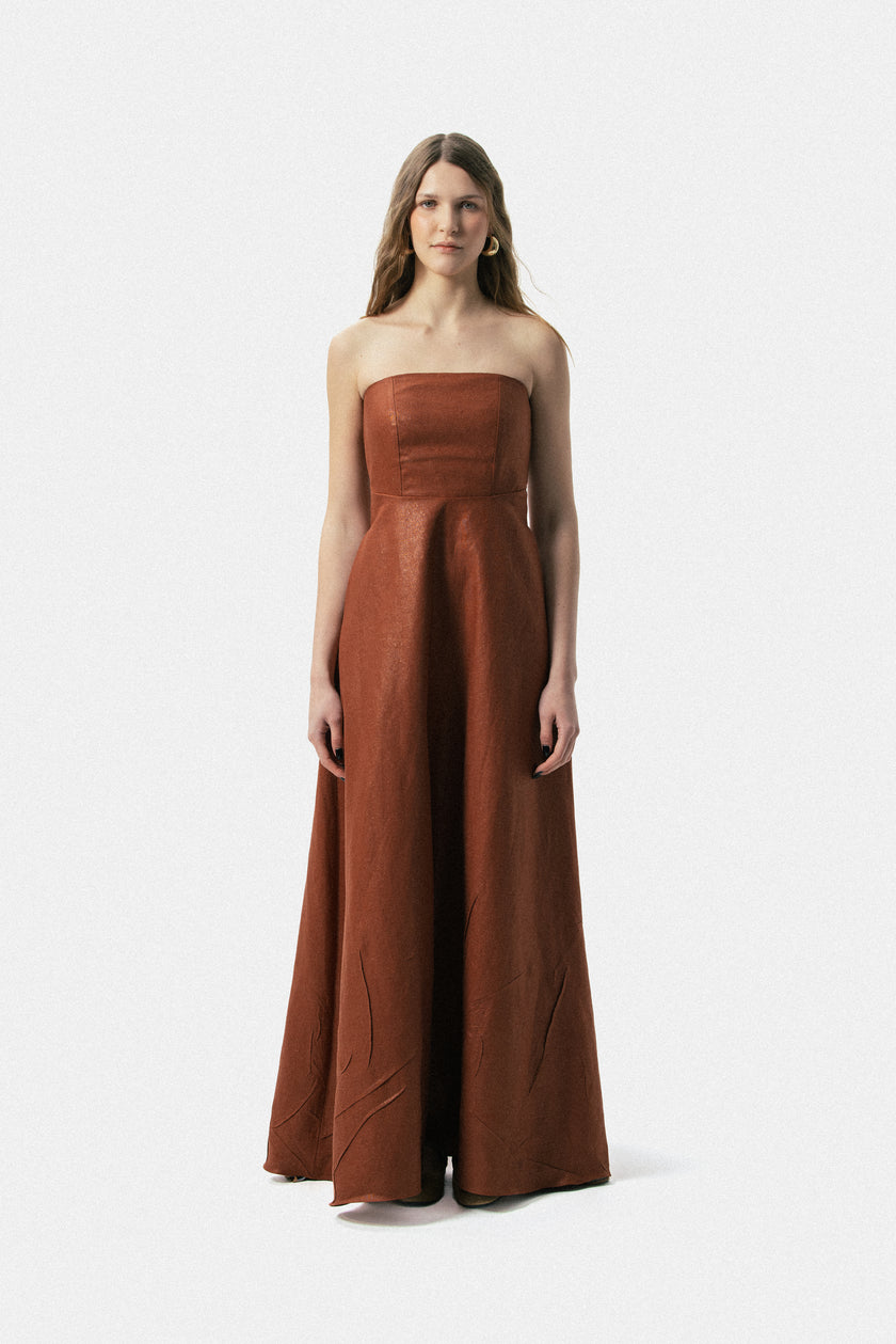 Shiny Linen Bandeau Long Dress