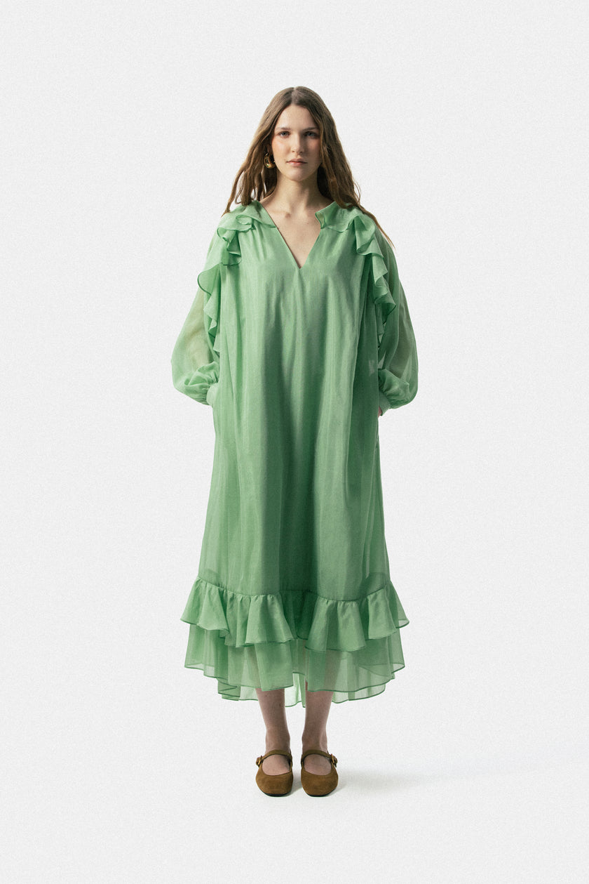 Ruffled V-Neck Long Dress