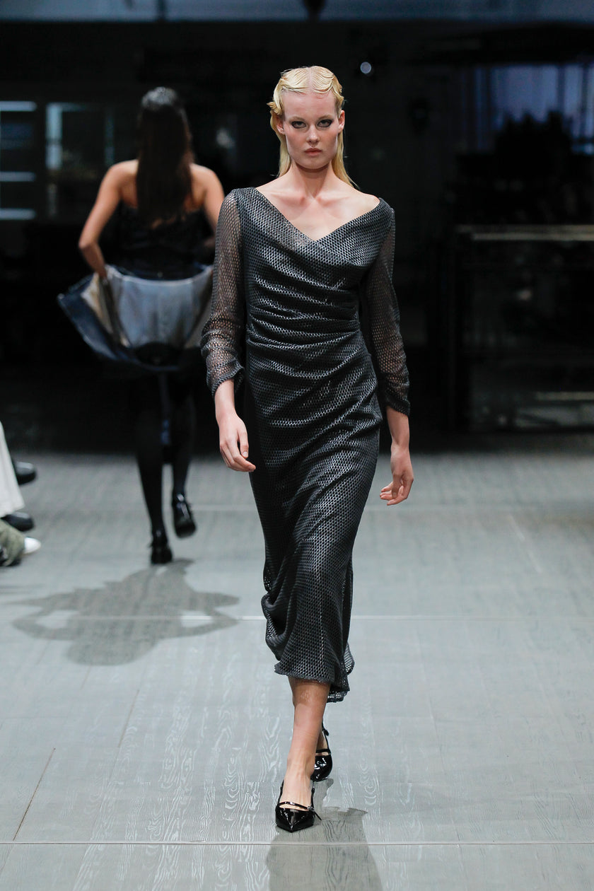 Mesh Draped Dress with Transparent Foil