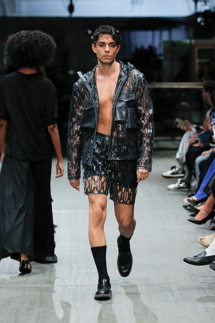 Denim Men Jacket with Transparent Foil and Laser