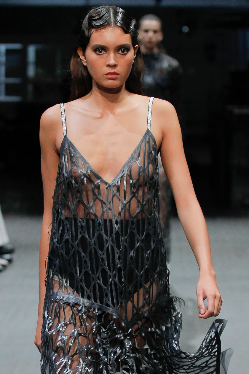 Denim Asymmetric Dress with Transparent Foil and Laser