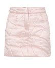 Pink quilted skirt with pearl embellishments on a white background