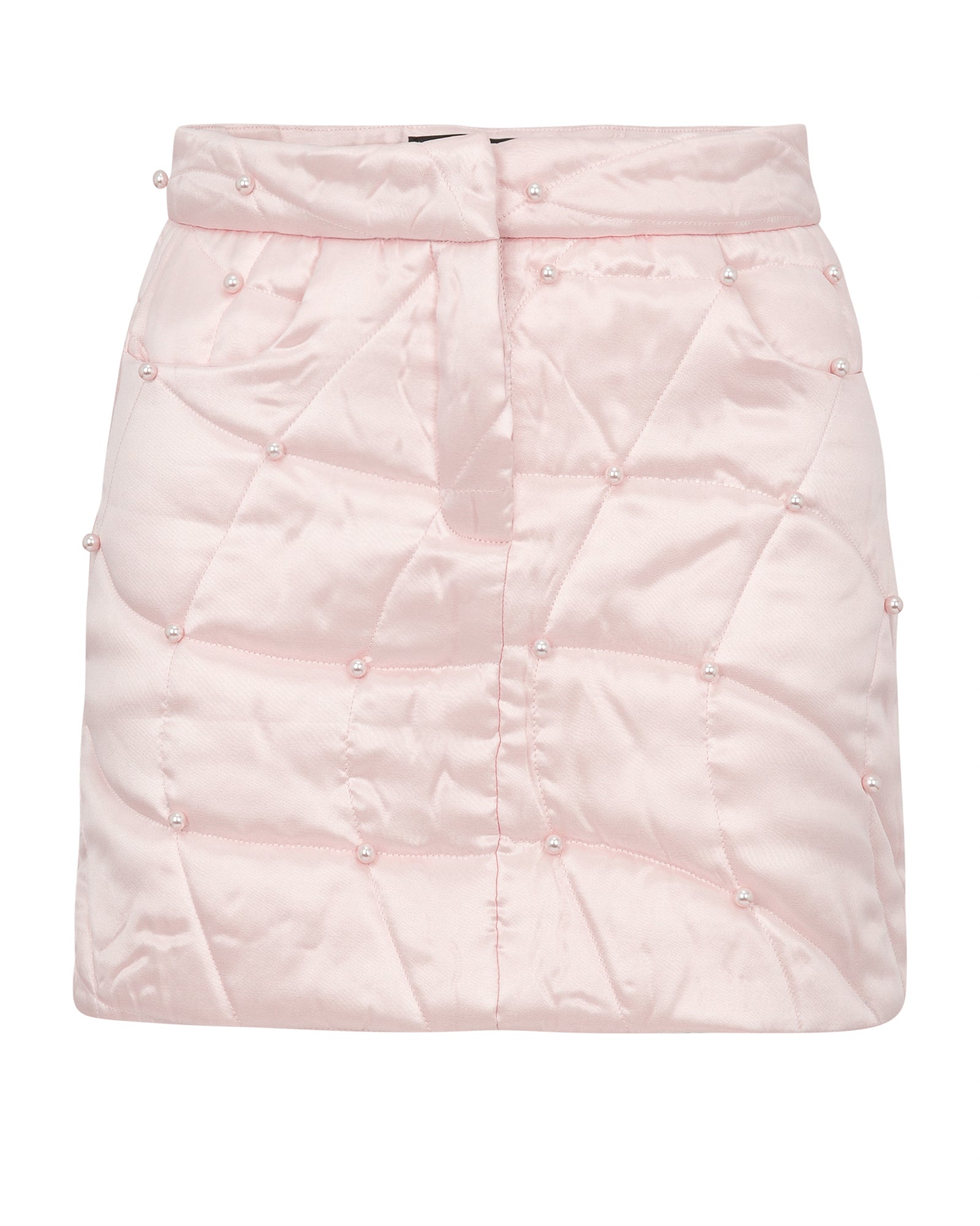 Pink quilted skirt with pearl embellishments on a white background