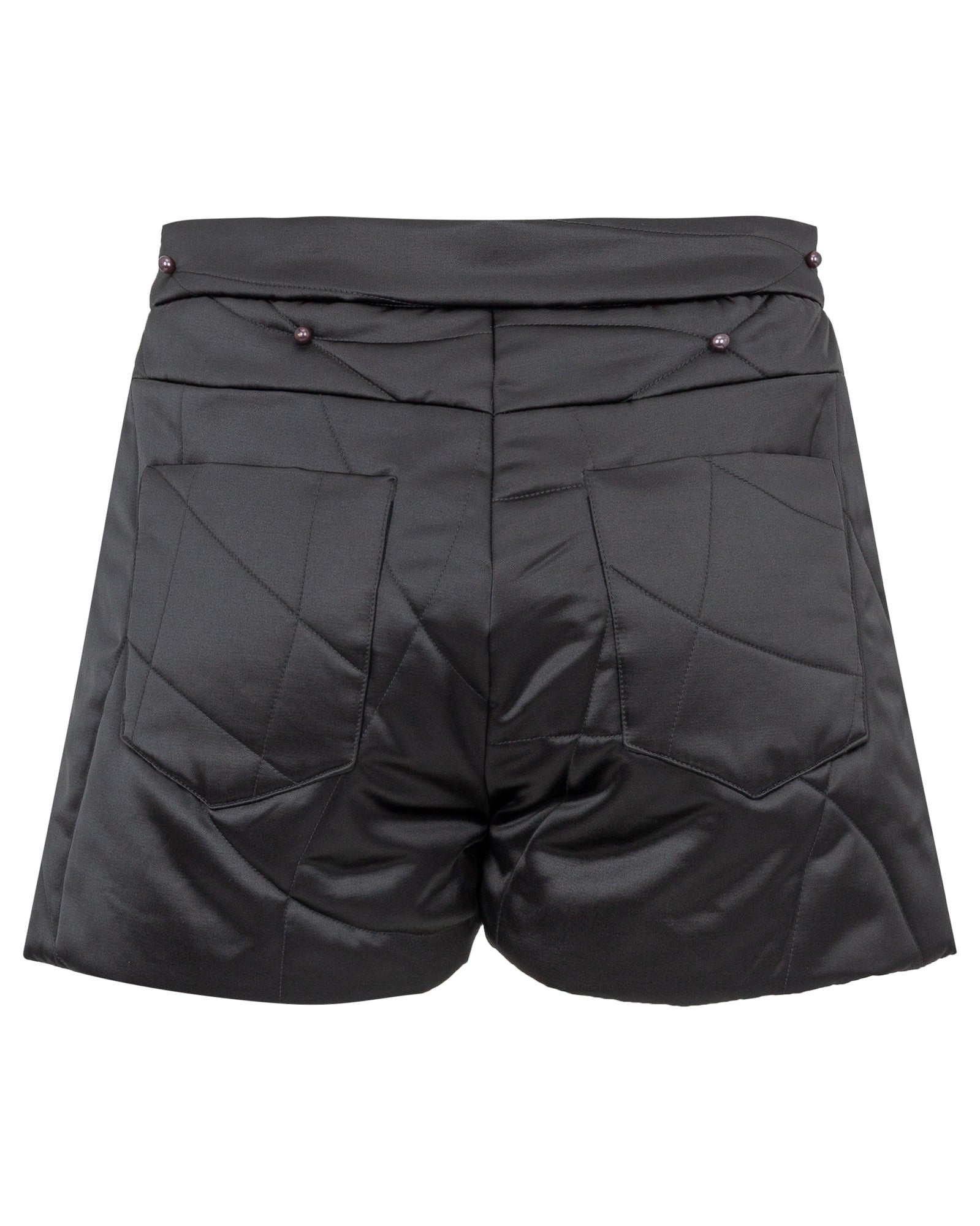 Black quilted shorts on a white background