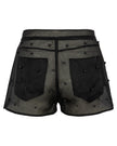 Black shorts with patterned design and embellishments on a white background