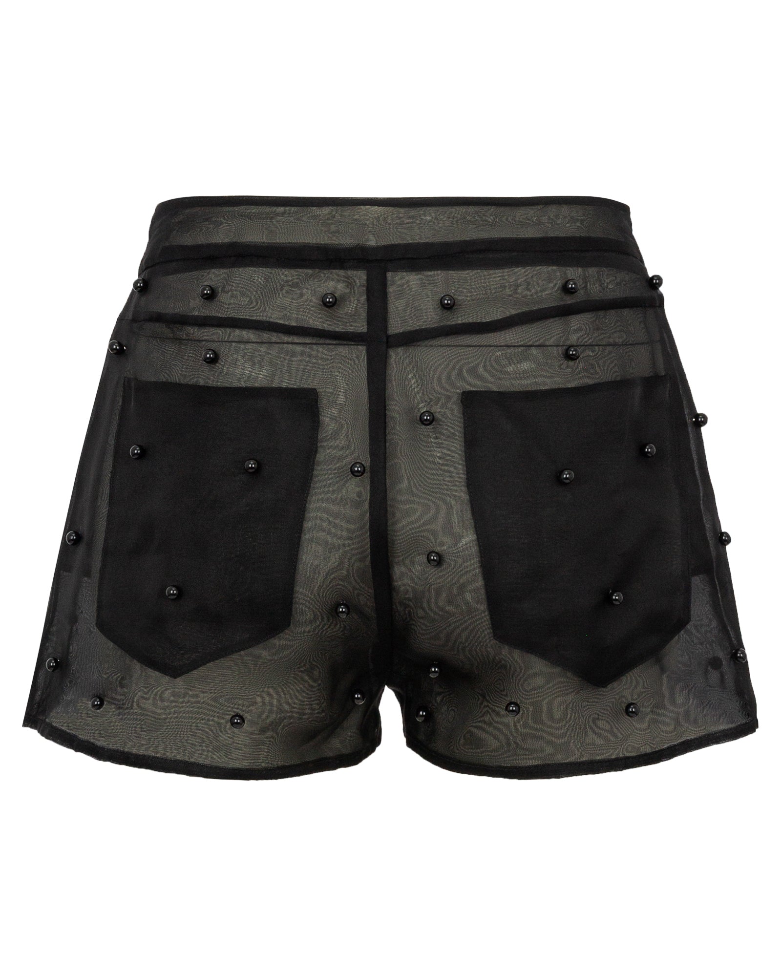 Black shorts with patterned design and embellishments on a white background