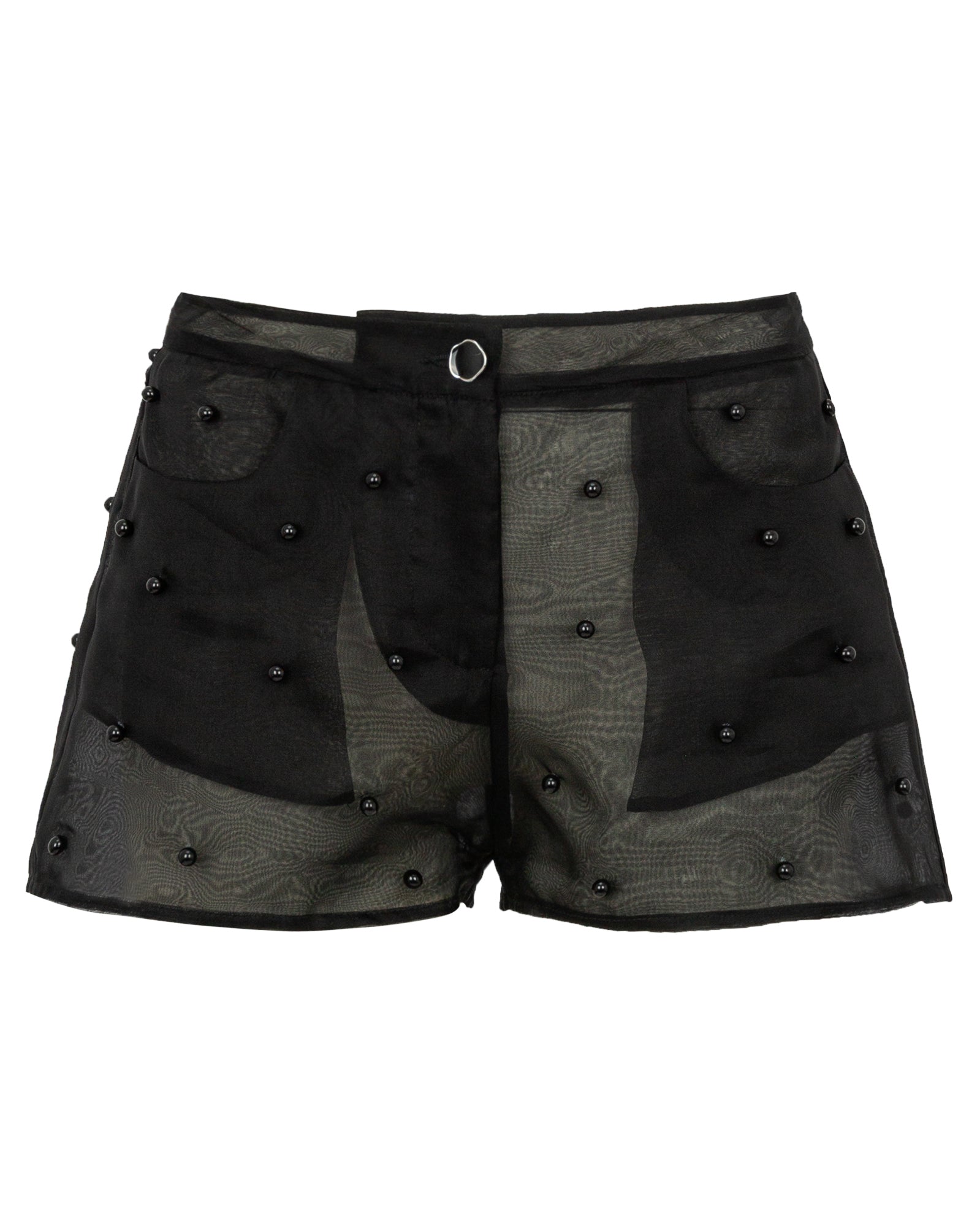Black shorts with sheer panels and button details on a white background