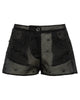 Black shorts with sheer panels and button details on a white background
