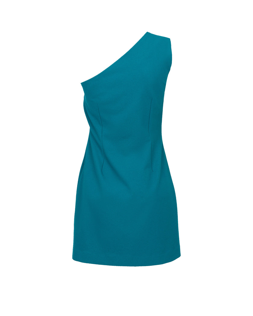Teal one-shoulder dress on a white background