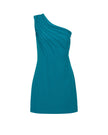 Teal one-shoulder dress on a white background