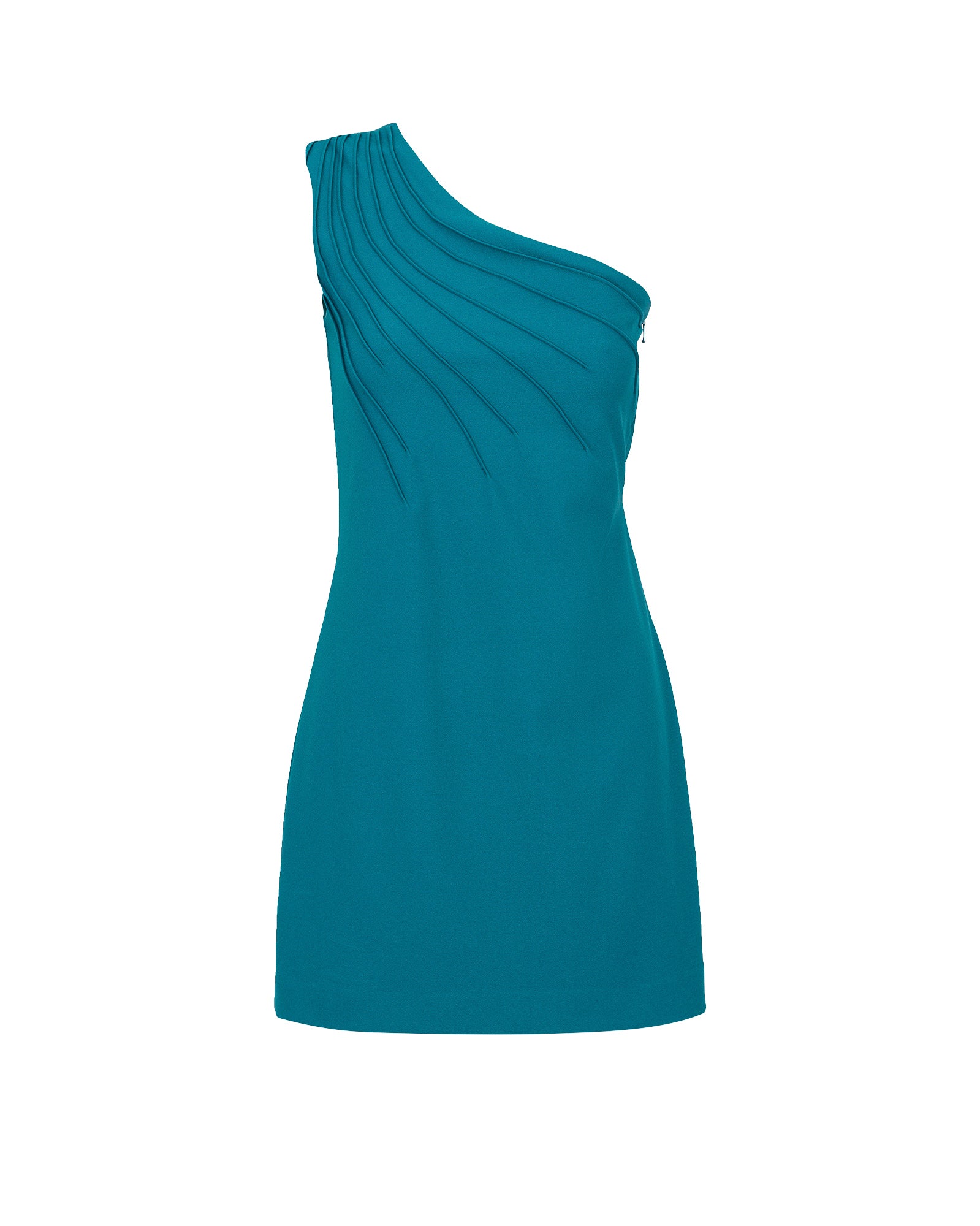 Teal one-shoulder dress on a white background