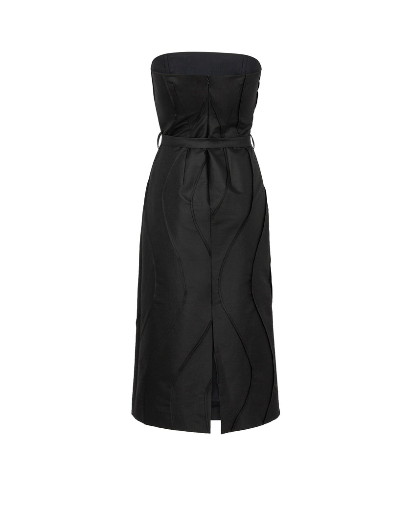 Black strapless dress with a belt on a white background