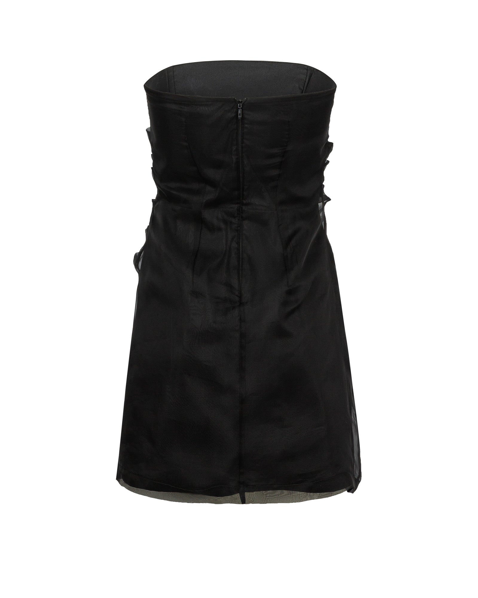 Black strapless dress on a white background