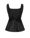 Black sleeveless top with a square neckline on a white background