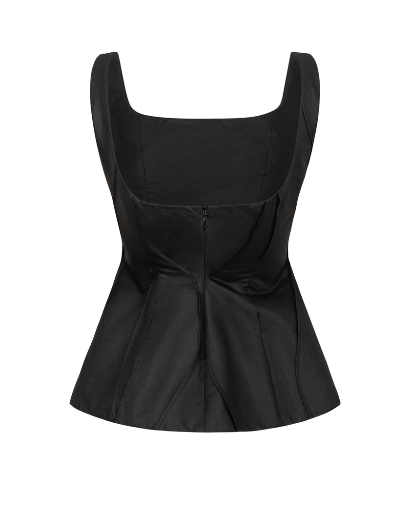 Black sleeveless top with a square neckline on a white background
