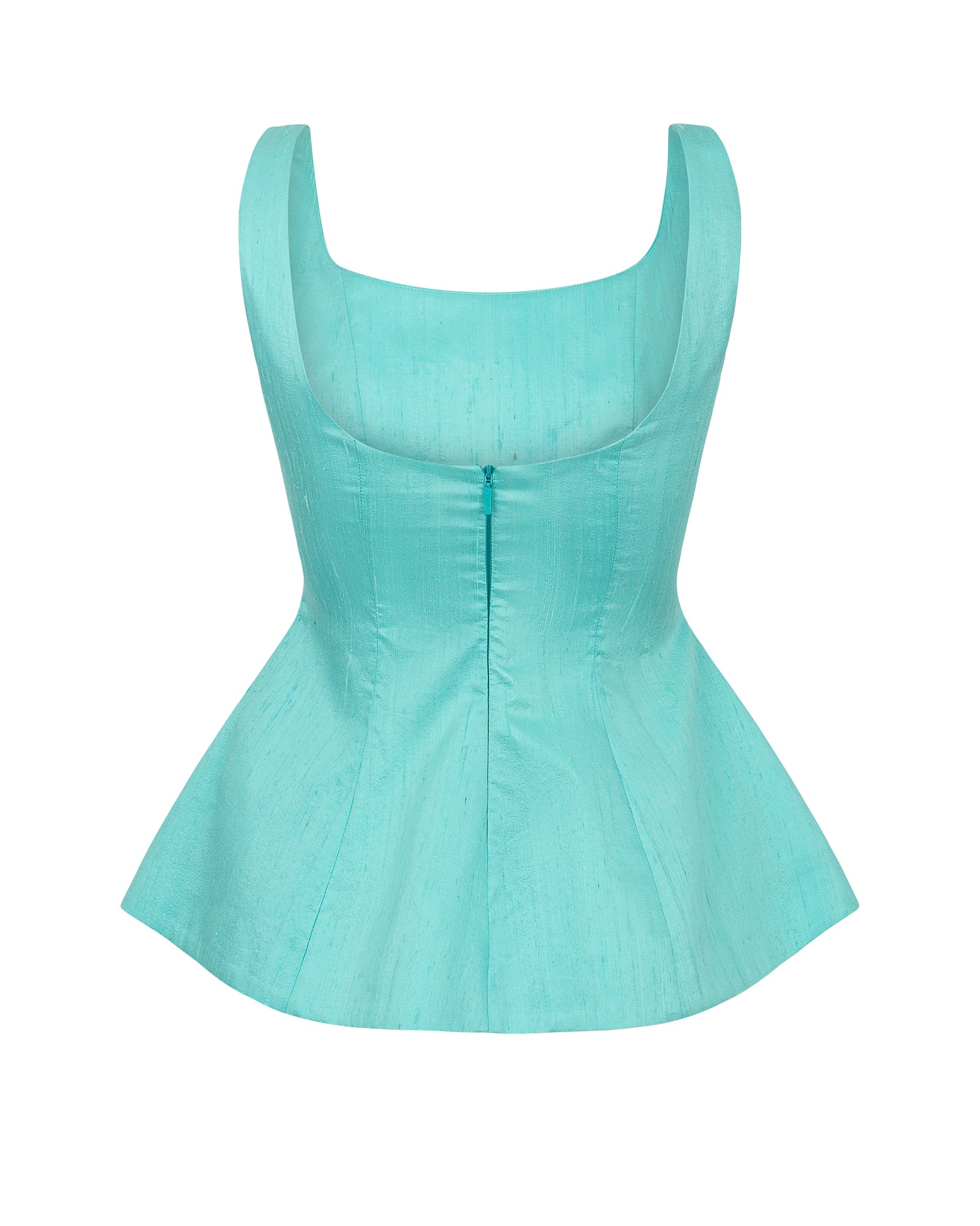 Turquoise swimsuit top on a white background