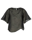 Dark green blouse with sheer sleeves and black embellishments on a white background
