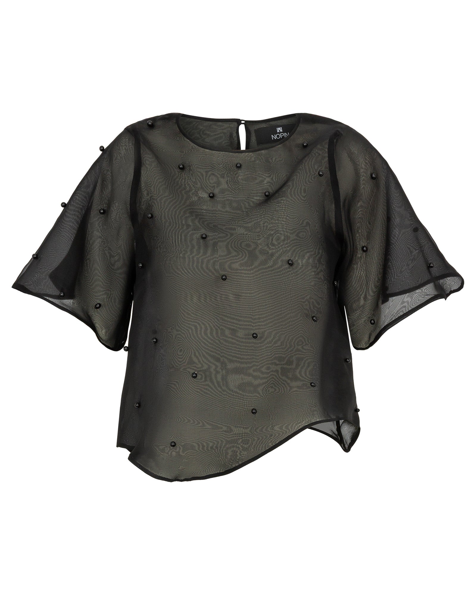 Dark green blouse with sheer sleeves and black embellishments on a white background