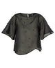 Dark green blouse with sheer sleeves and black embellishments on a white background