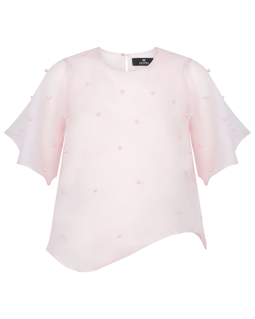 Pink blouse with star embellishments on a white background