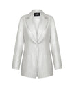 White blazer with a brand label on a white background