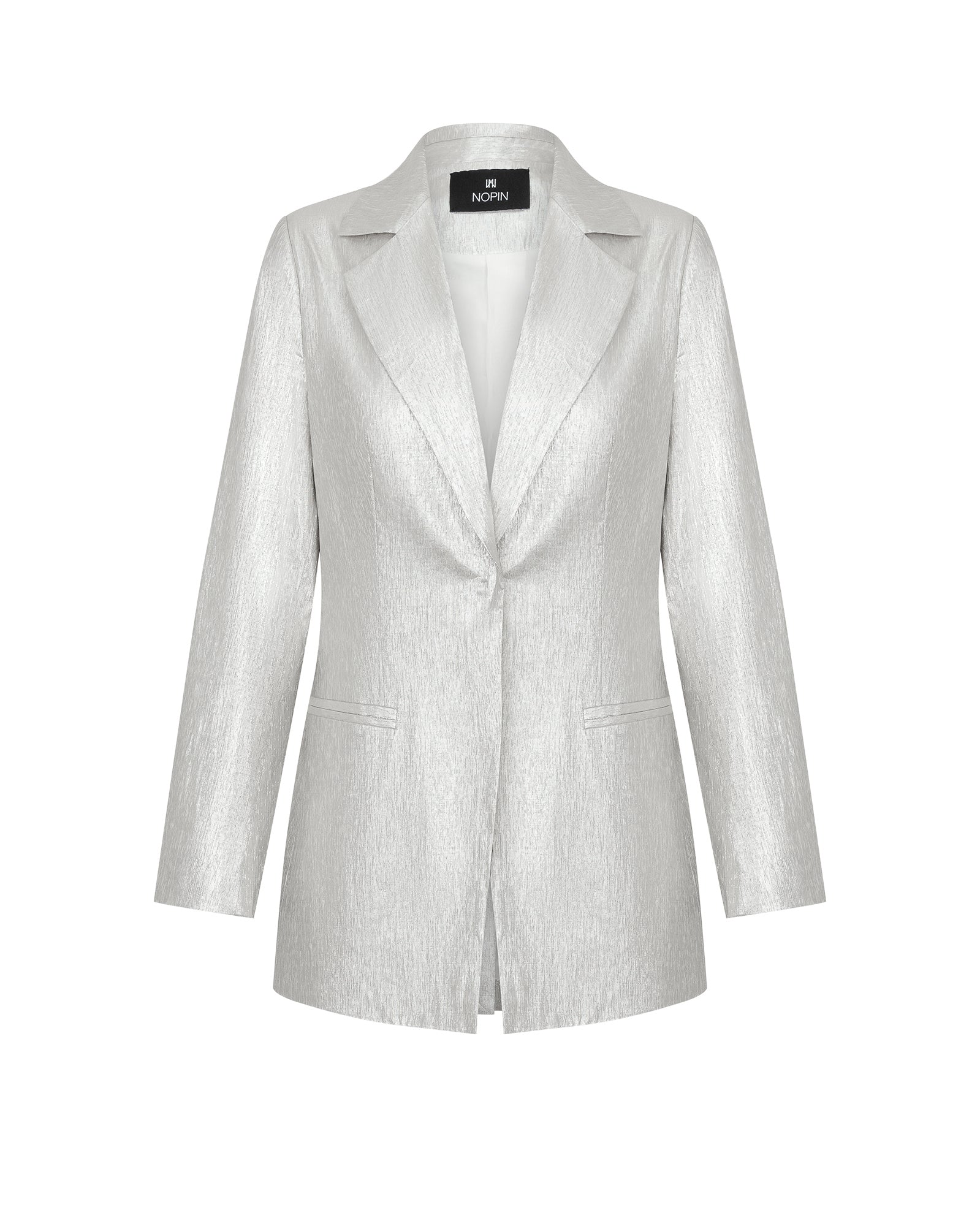 White blazer with a brand label on a white background
