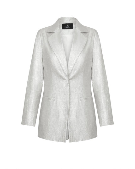 White blazer with a brand label on a white background