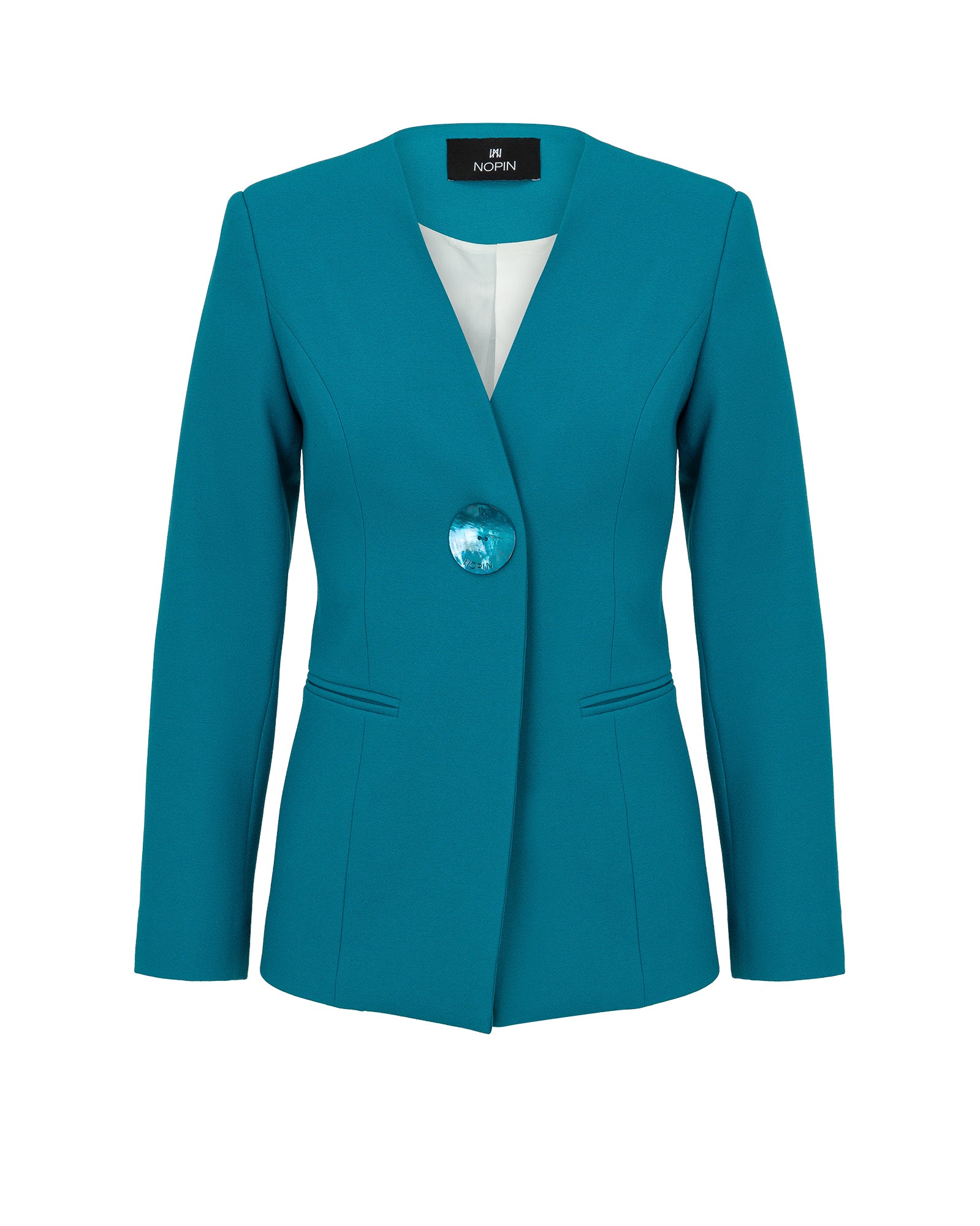 Teal blazer with a decorative button on a white background
