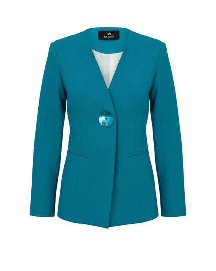 Teal blazer with a decorative button on a white background