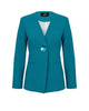 Teal blazer with a decorative button on a white background