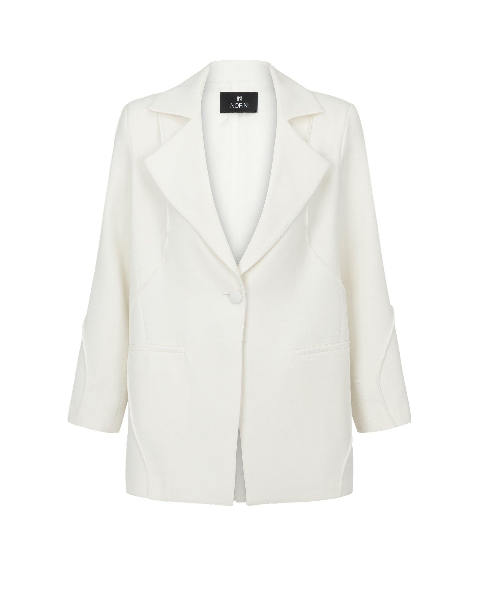 White blazer with a brand label on a white background