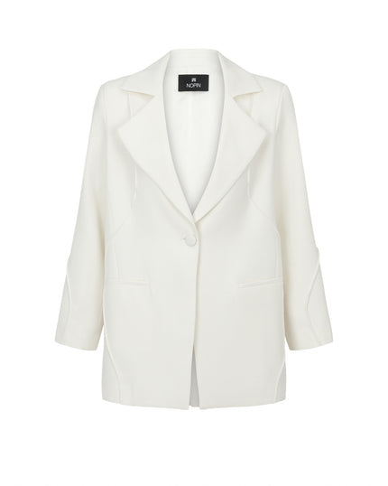 White blazer with a brand label on a white background
