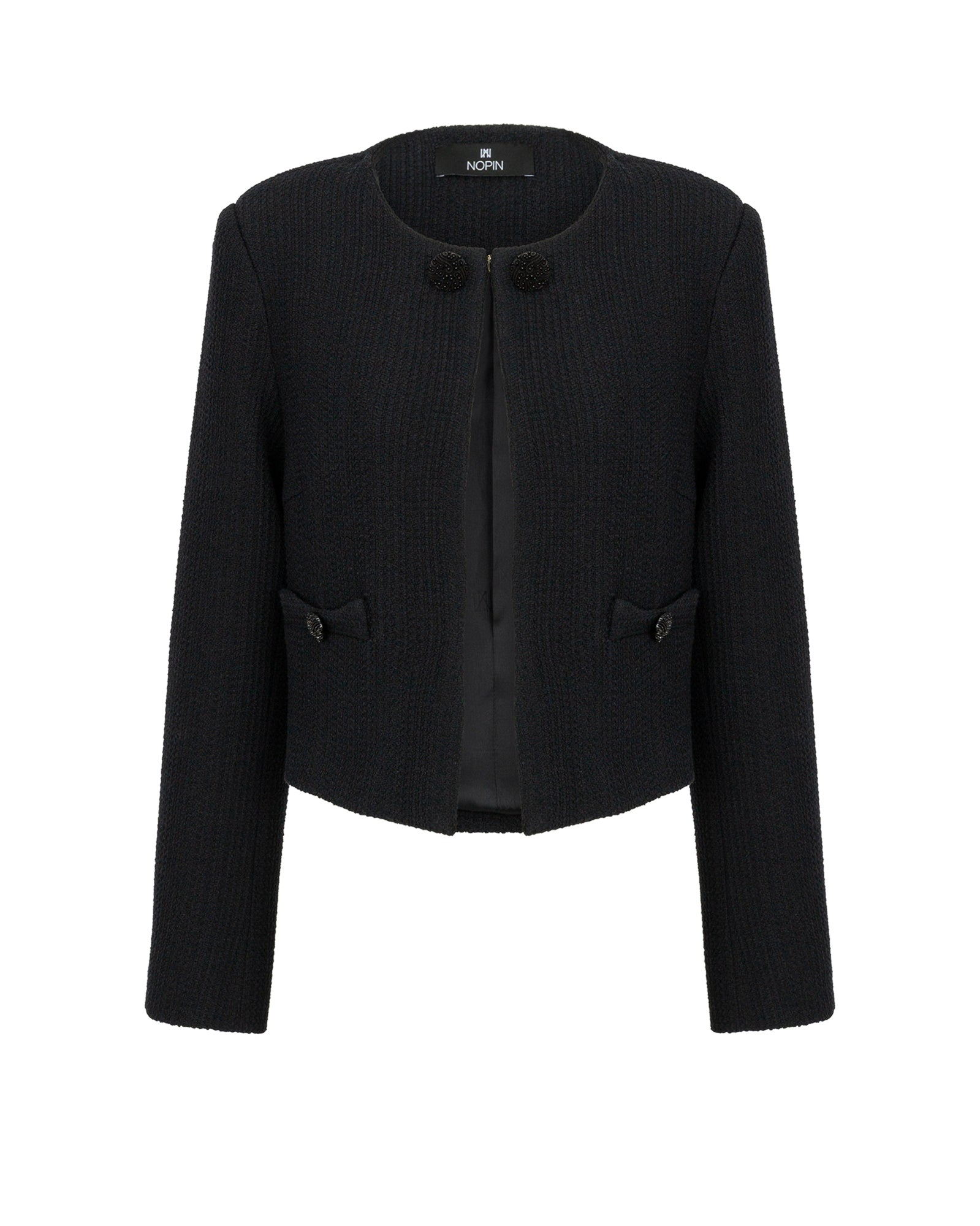 Black jacket with button details on a white background