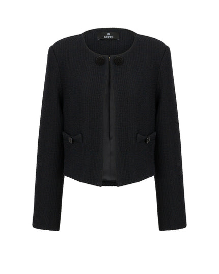 Black jacket with button details on a white background