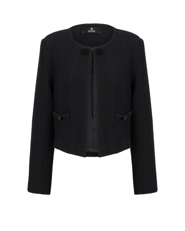 Black jacket with button details on a white background
