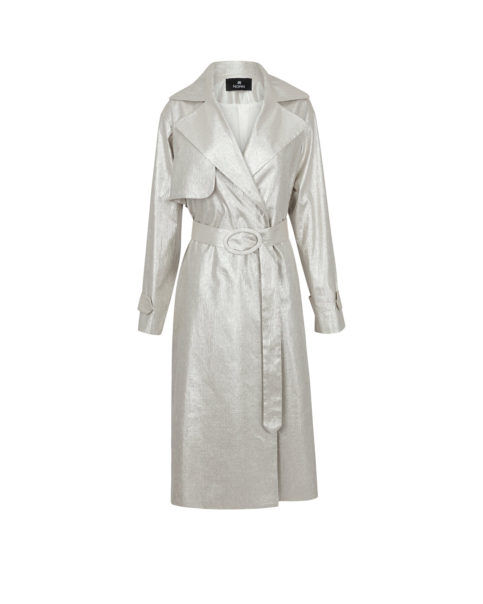 Silver trench coat on a white background