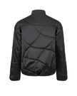 Black quilted jacket on a white background