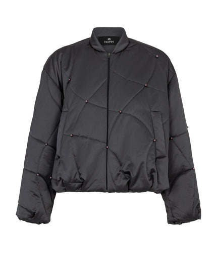 Black quilted jacket with geometric design on a white background