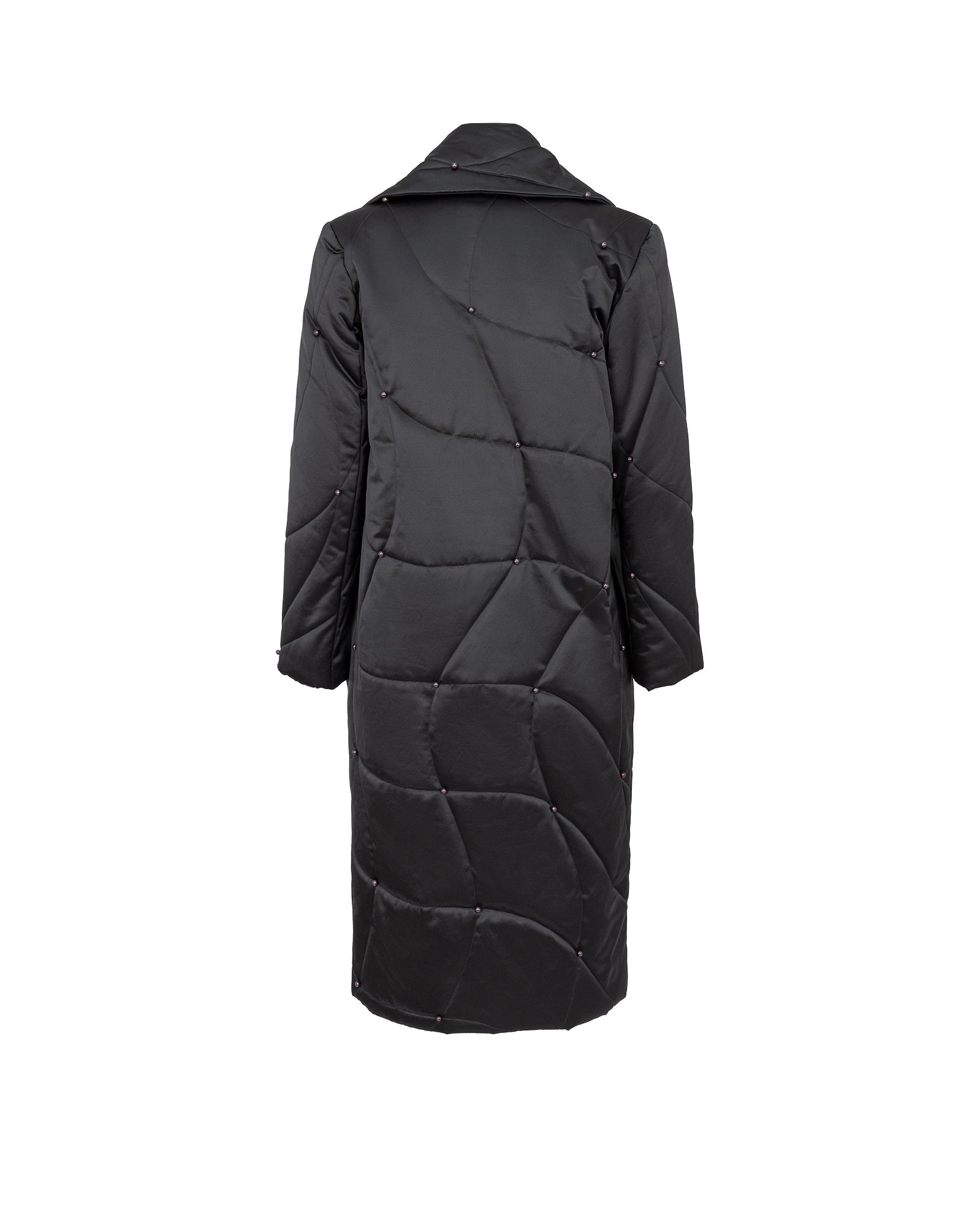 Black quilted coat on a white background