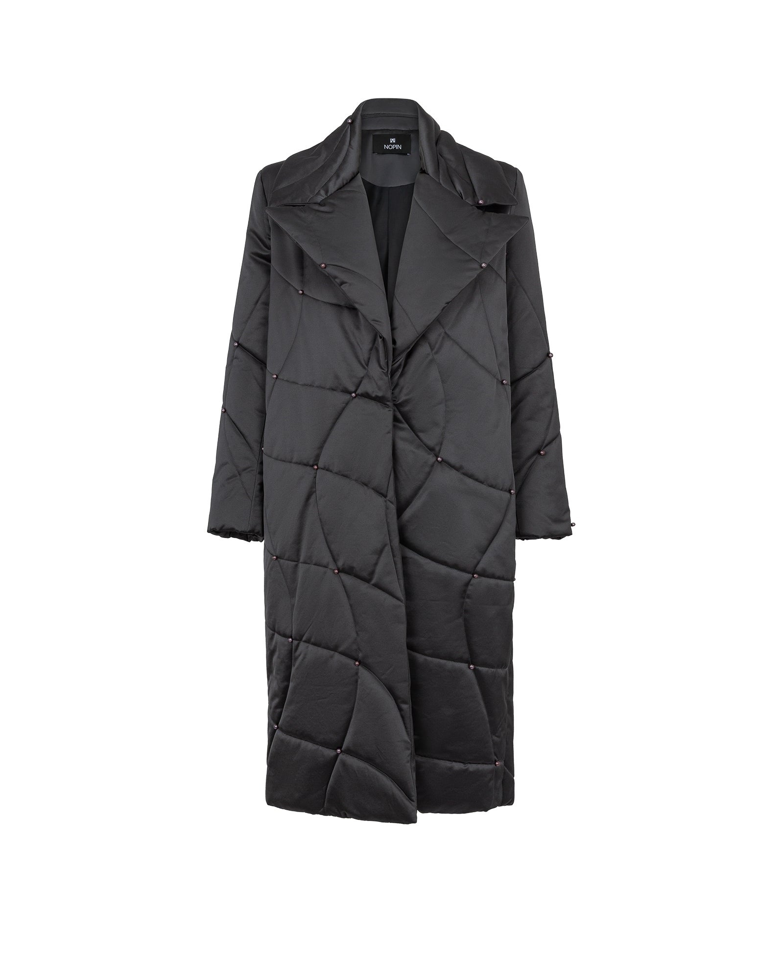 Black quilted coat on a white background