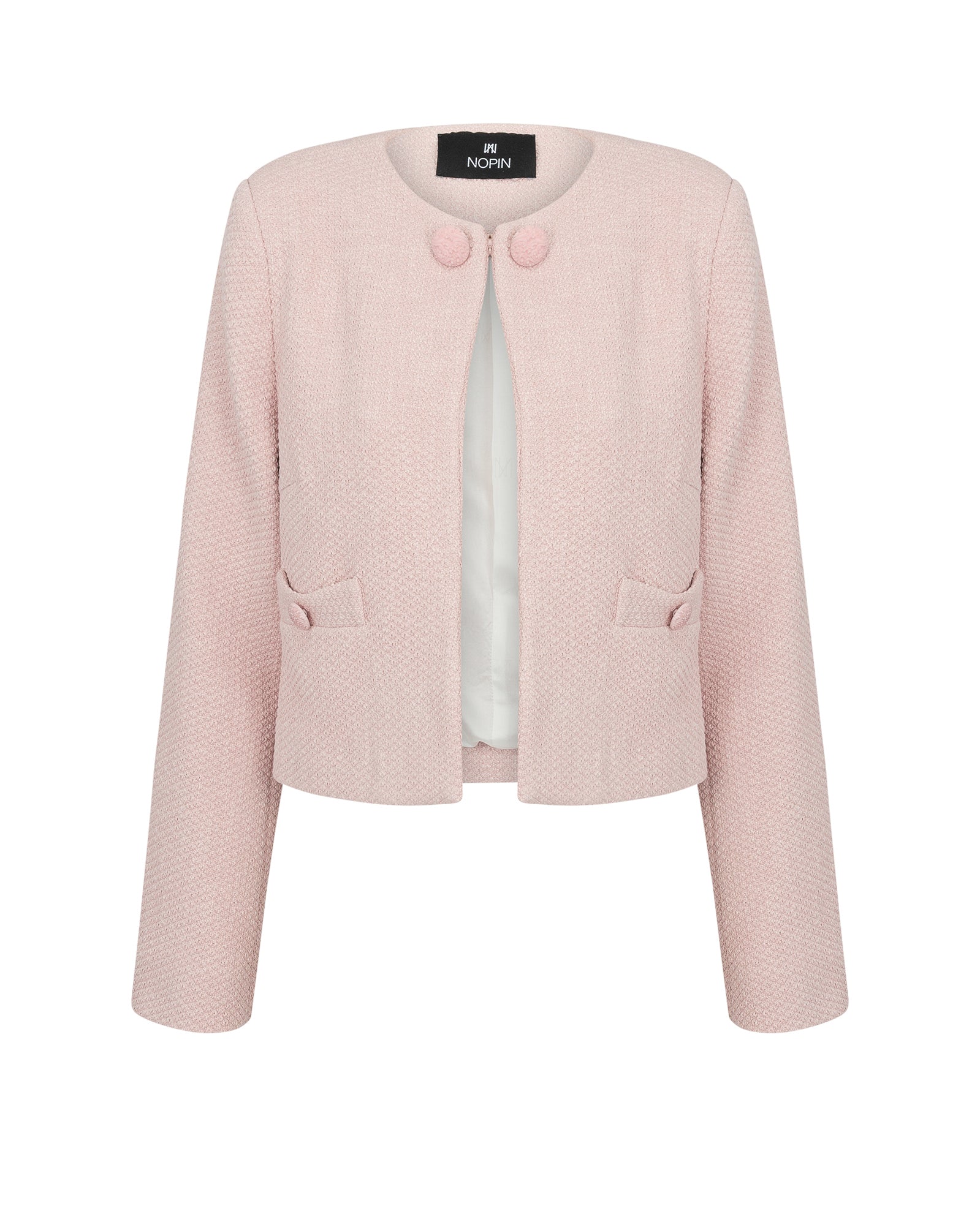 Pink textured jacket with buttons on a white background