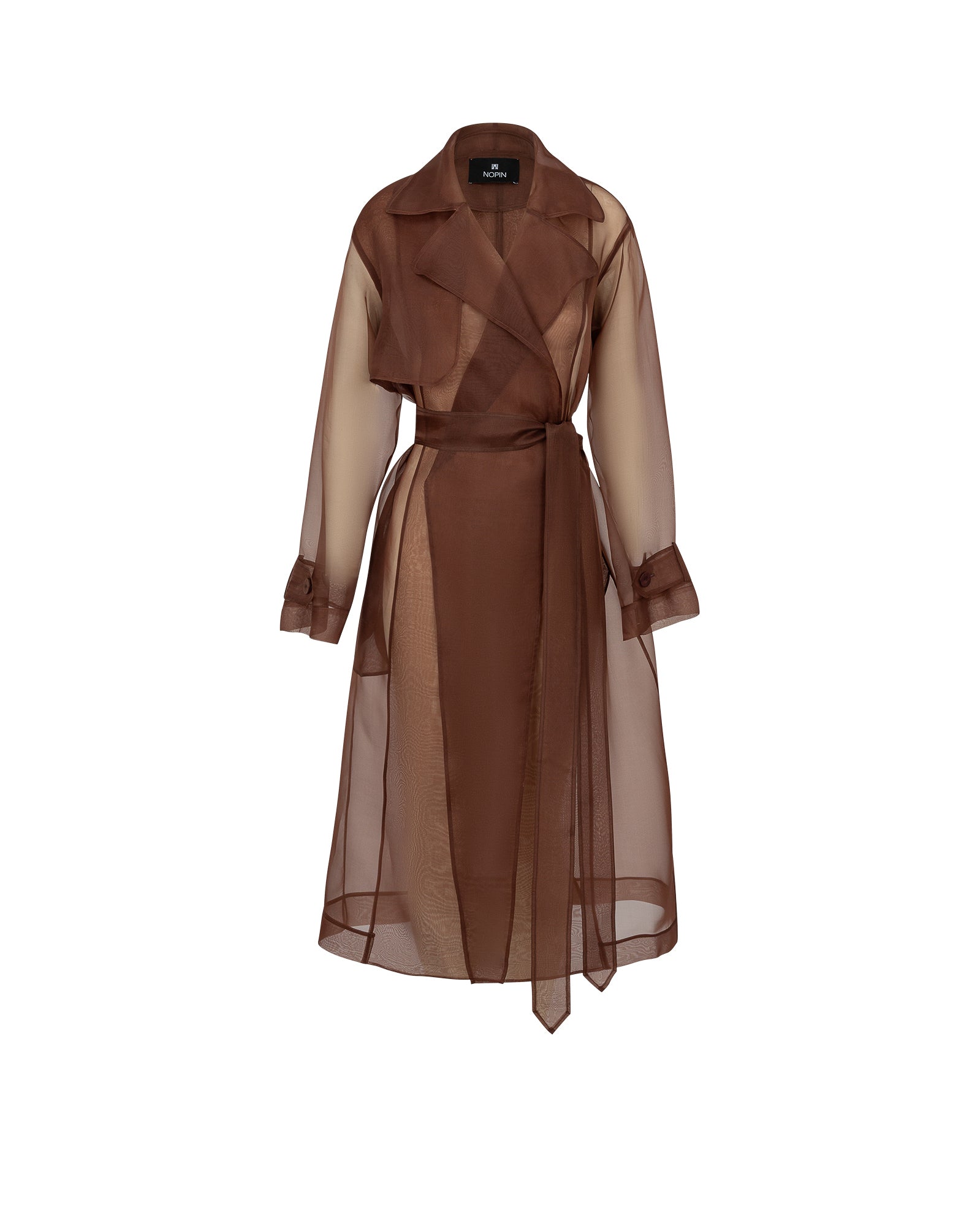 Brown trench coat with sheer sleeves on a white background