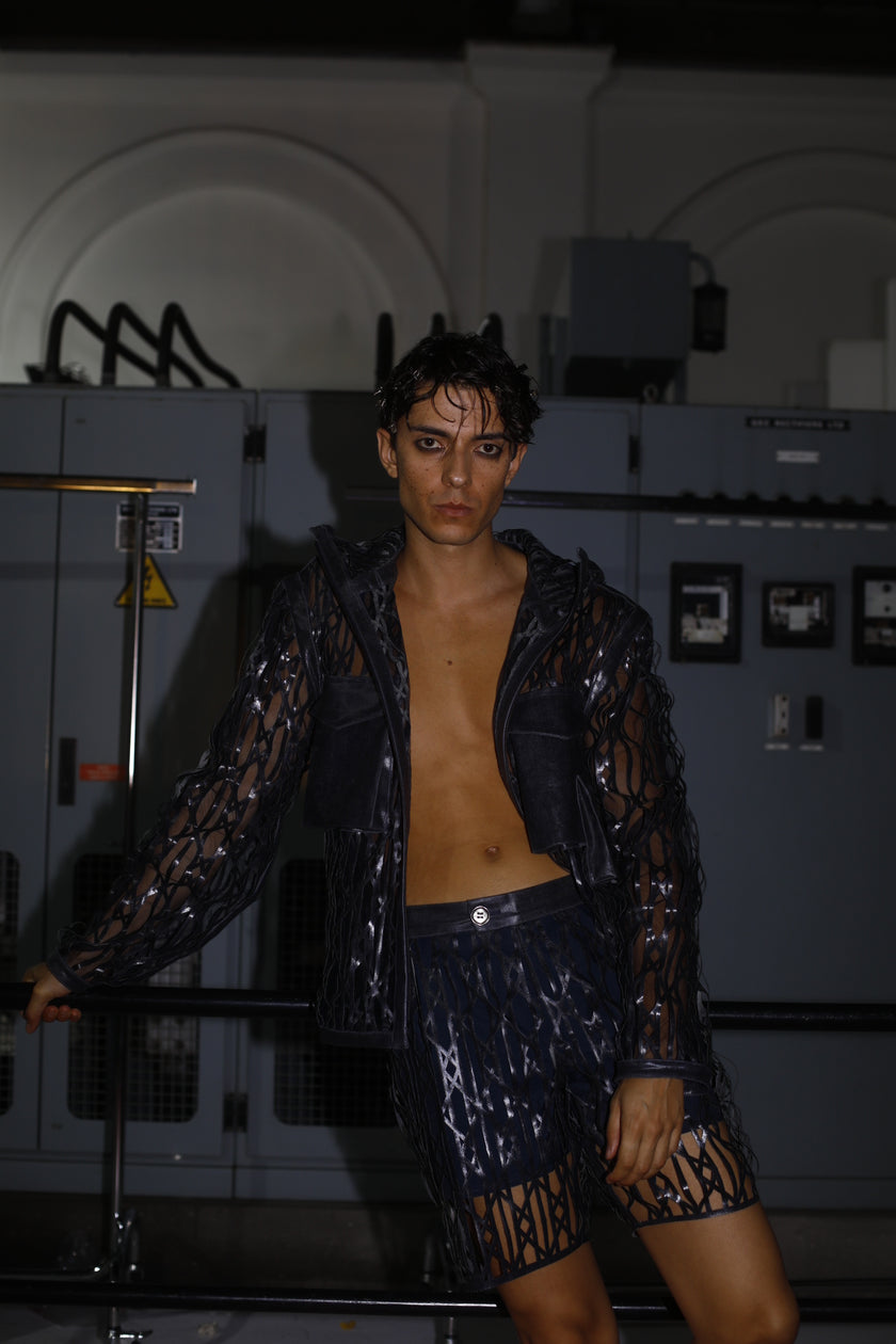 Denim Men Jacket with Transparent Foil and Laser