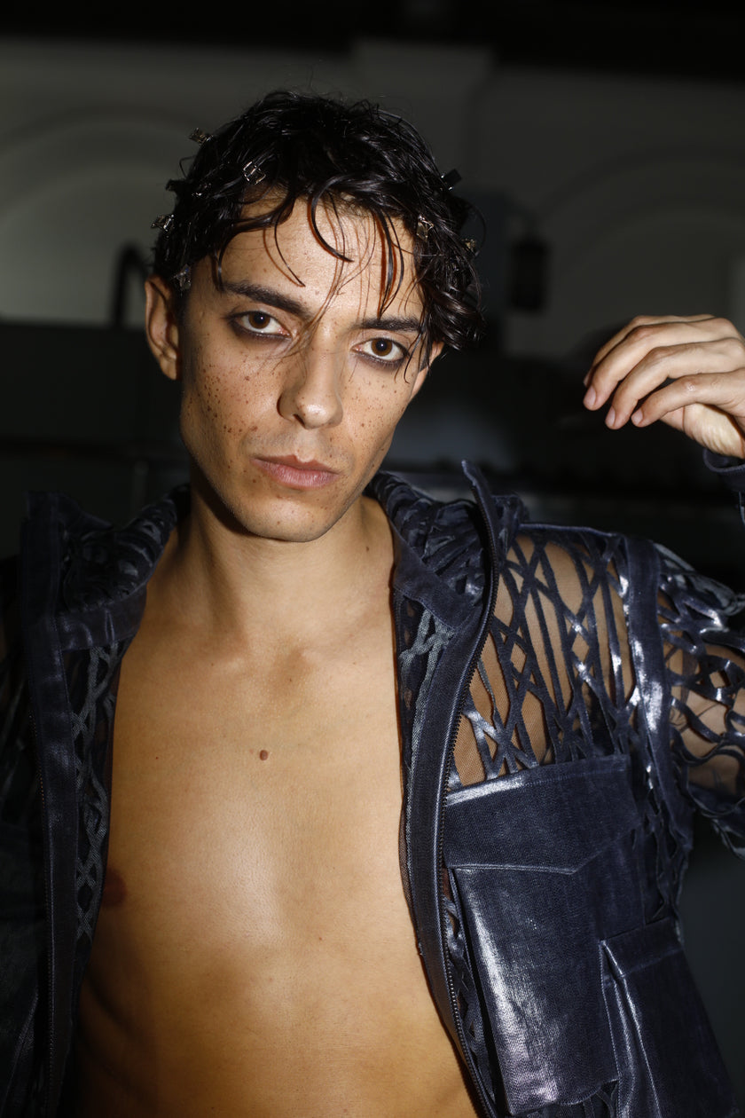 Denim Men Jacket with Transparent Foil and Laser